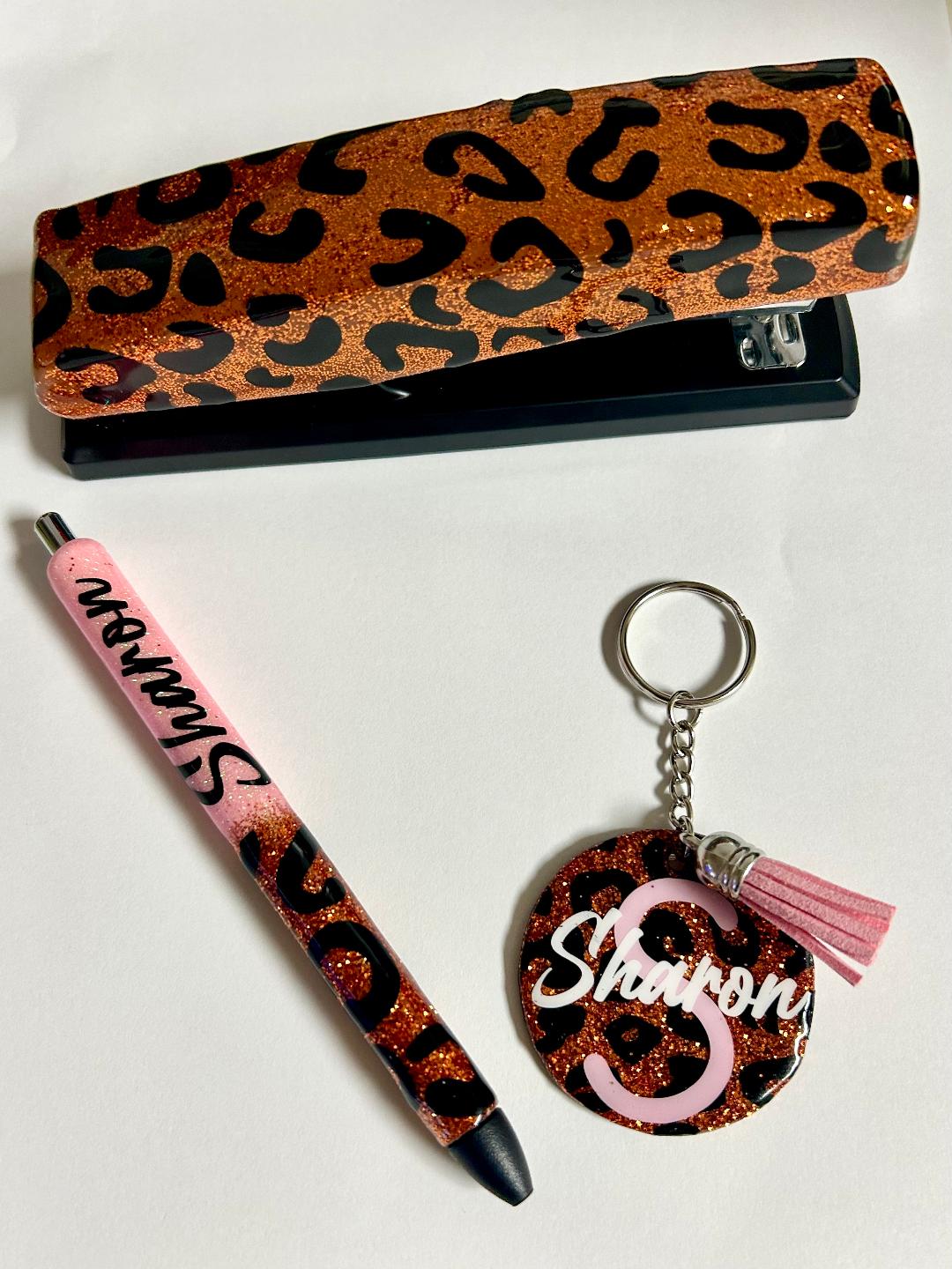 Cheetah Print Stapler, Pen and Keychain