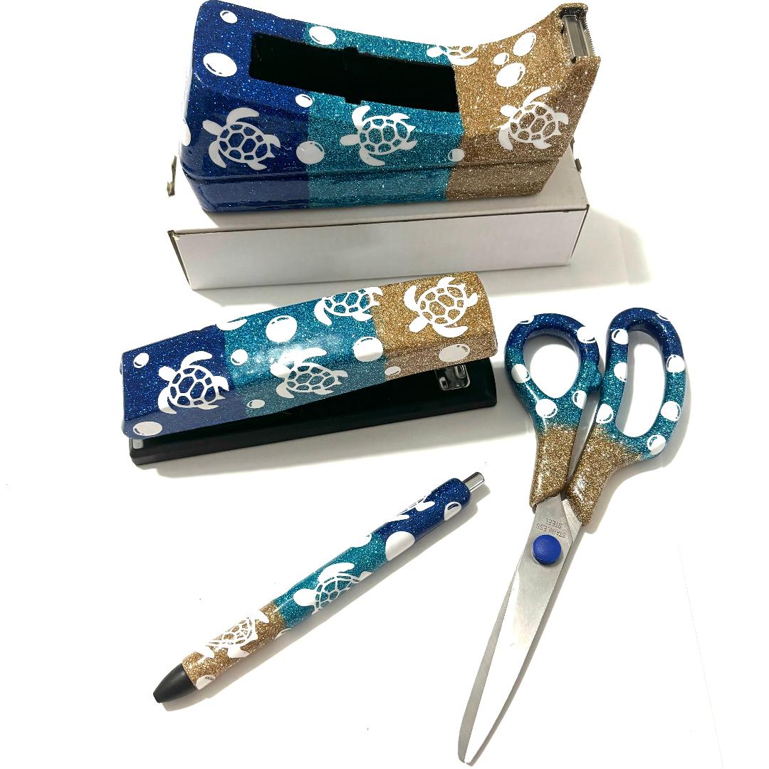 Beach Turtle Stapler, Tape Dispenser, Scissors & Pen Desk Set