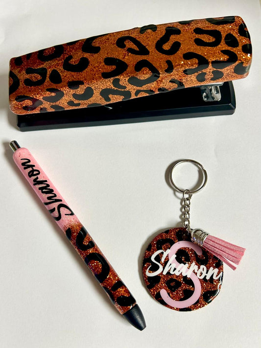 Cheetah Print Stapler, Pen and Keychain